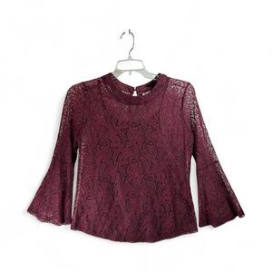 Ultra Pink Burgundy Lace Bell Sleeve Top | Romantic Sheer Lined Blouse | Size M